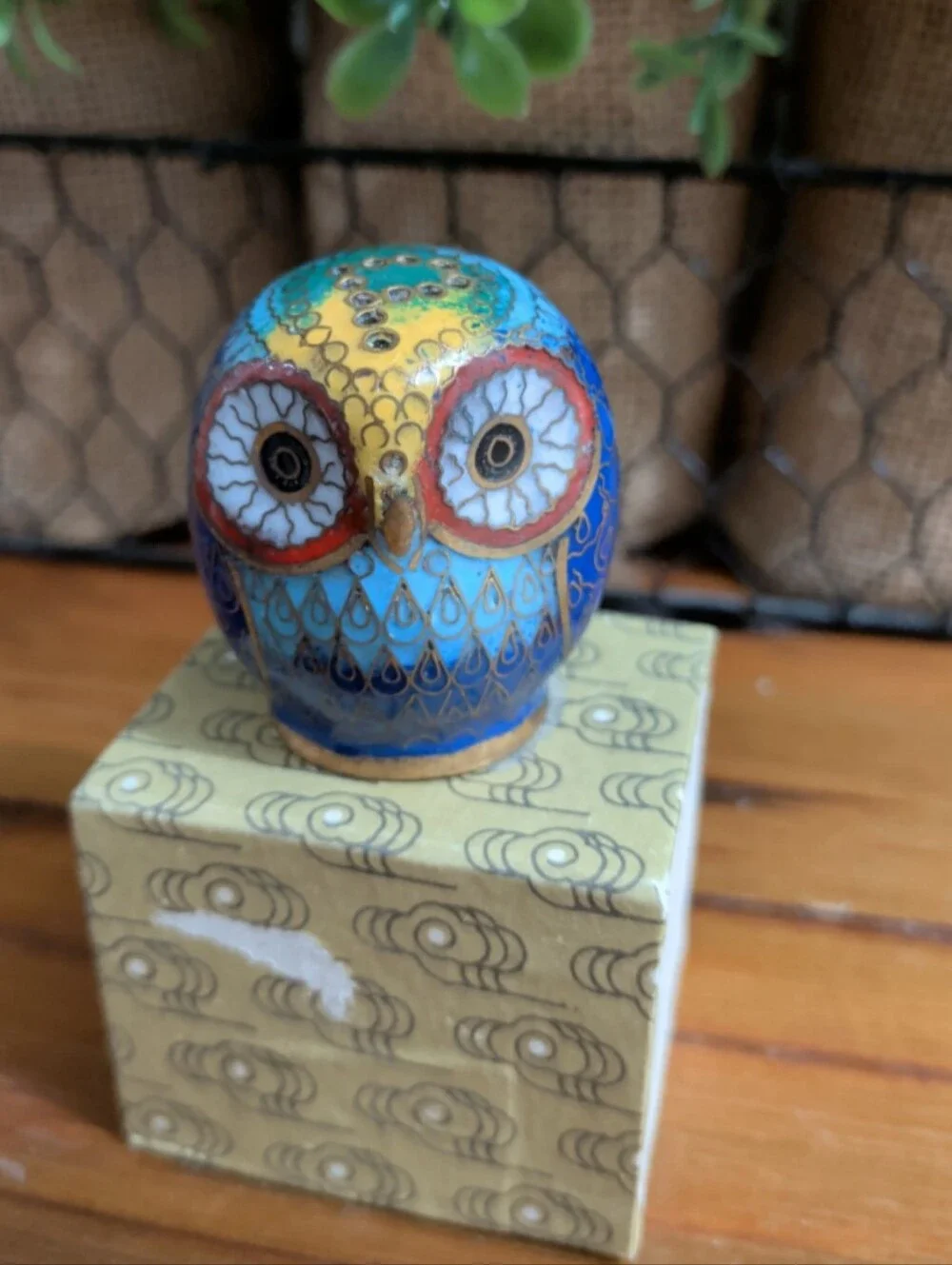 Vintage Cloisonné Owl Pepper Shaker Enamelled Brass